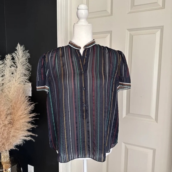 Rag & Bone Top Austin Black/Rainbow Striped 100% Silk Blouse
Size Medium - Picture 1 of 12